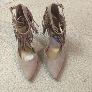 Tan Suede Stuart Weitzman Heels With Fringe Ankle Strap